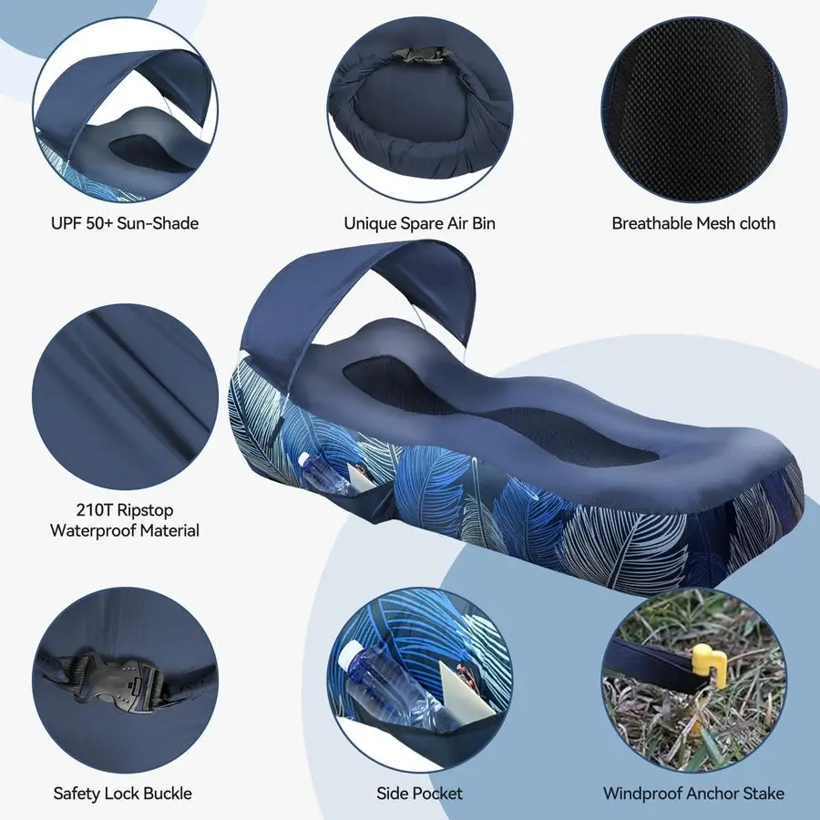 Lounger Air Sofa with Sun Shade Cover Waterproof Inflatable Couch Chair for Camping Beach Hiking Backyard, Easy to Set Up Inflat
