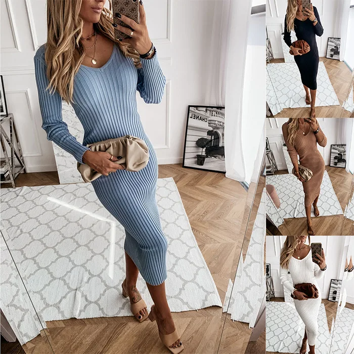 New 2025 Spring Women's Dress Long Sleeve V Neck Low Cut Thread Tight Party Khaki Fashion Basic Long Skirt