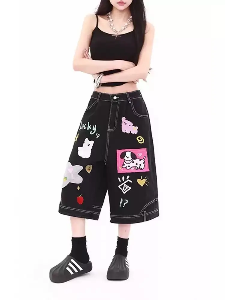 Summer Women's Cute Pattern Design Denim Shorts Cool Girl Capris Street Girl Casual Bottom Female Wide-leg Calf-length Pants