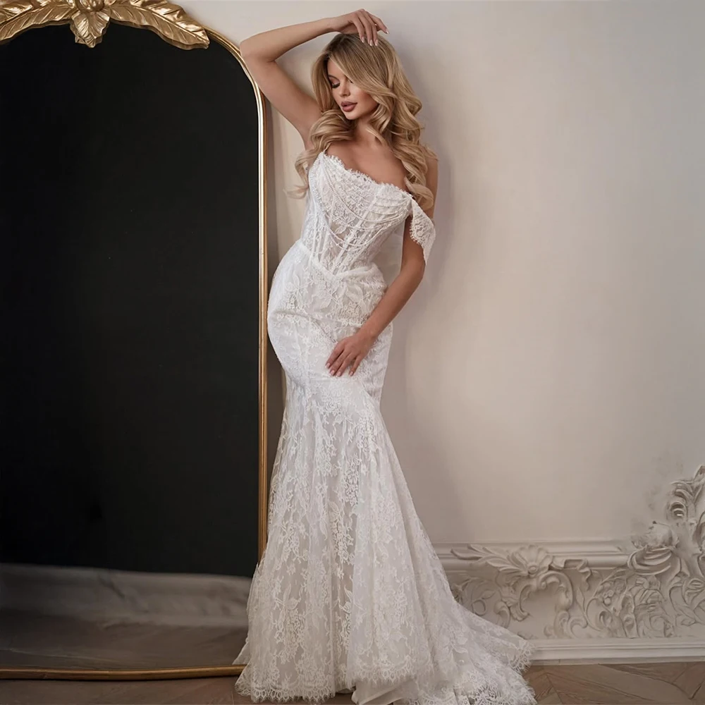

Customized Off Shoulder Lace Mermaid Wedding Dress Fitted Corset Bridal Dress Elegant Formal Bridal Gown For Bridal Celebration