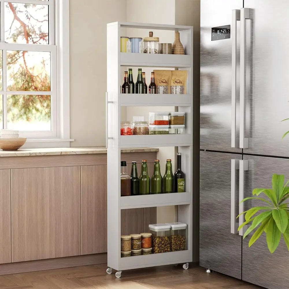 

63-Inch Slim Storage Cart on Wheels, 5-Tier Tall Narrow Mobile Shel Organizer, Rolling Utility Cart with Metal Handle or Kitchen