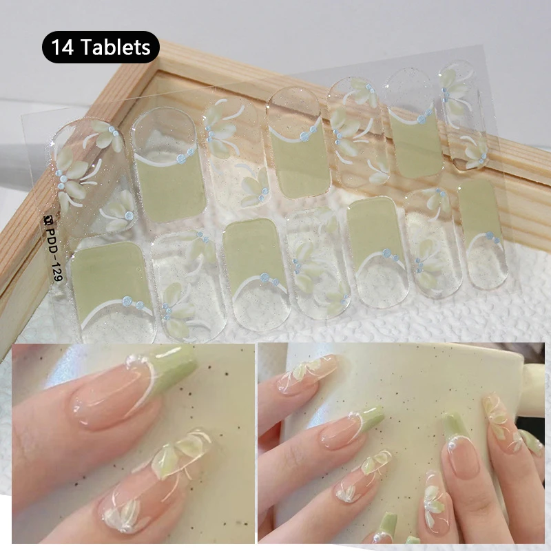 14 tiras de pegatinas de Gel para uñas, parche de cobertura completa, pegatinas florísticas, tiras de esmalte de uñas, fabricación de Arte de uñas DIY