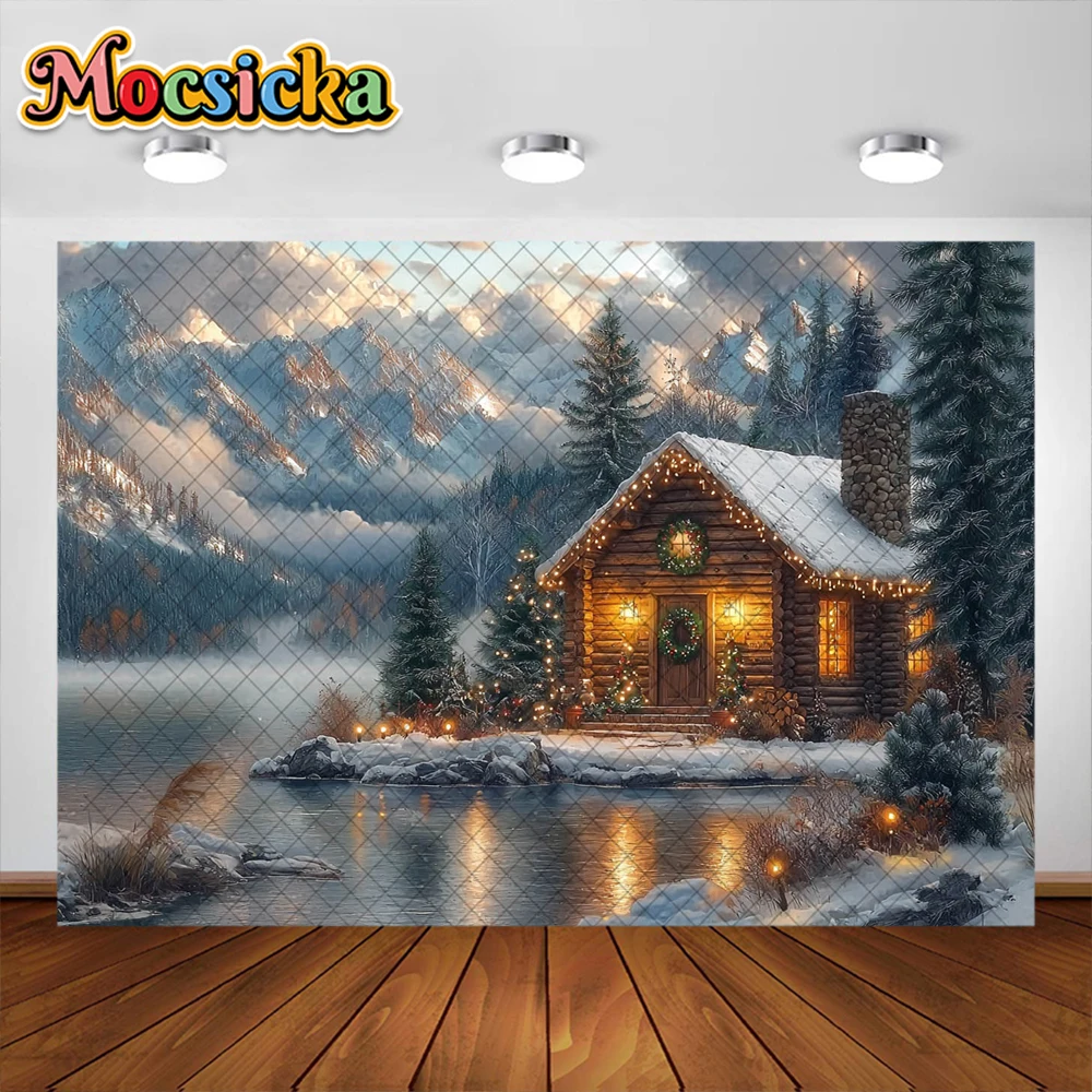 Fondo de fotografía de cabina de Navidad, suministros de decoración de río de montaña al aire libre, telón de fondo de vacaciones para adultos y niños, accesorios de estudio