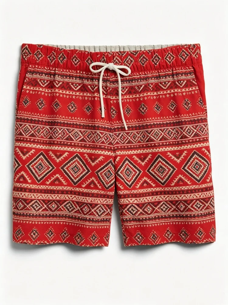 Men Red Ethnic Geometric Aztec Print Drawstring Casual Shorts