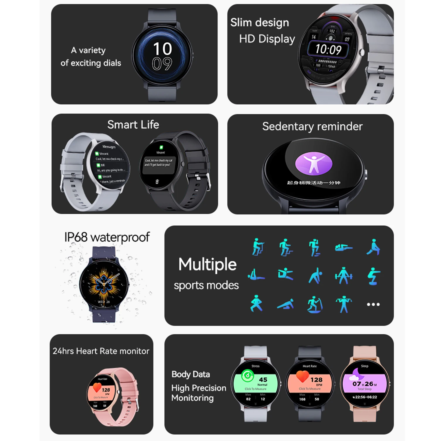 Smartwatch Full Touch Screen para Homens e Mulheres, Relógio de Fitness Esportivo, IP67 Impermeável, Bluetooth, Android, IOS