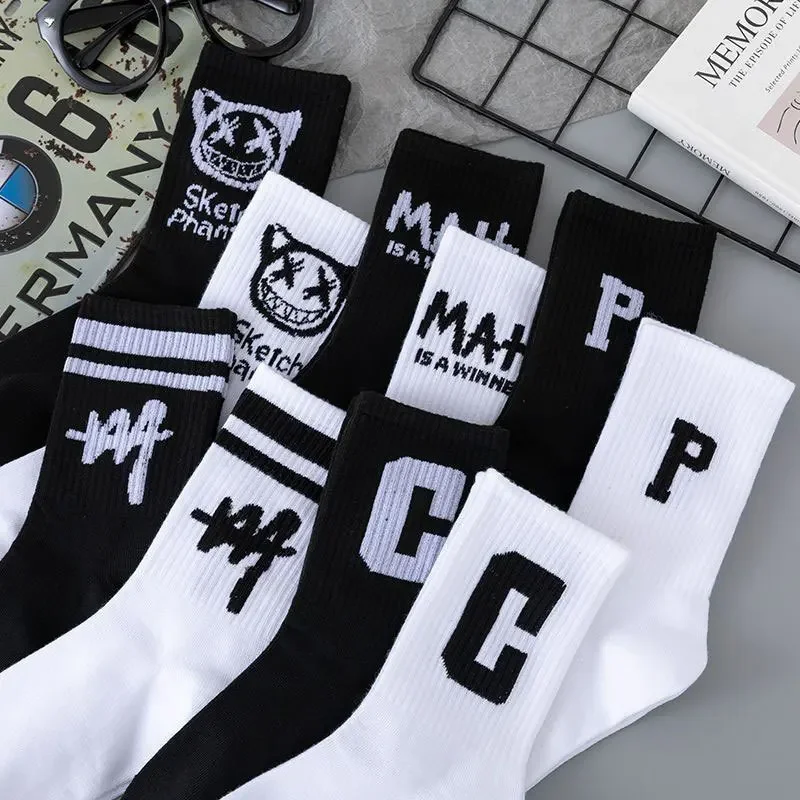 5/10 Pairs 2024 New All-match Student Mid-tube Socks Letters Trend Cotton Sock Breathable Men Women Basketball Sports Socks