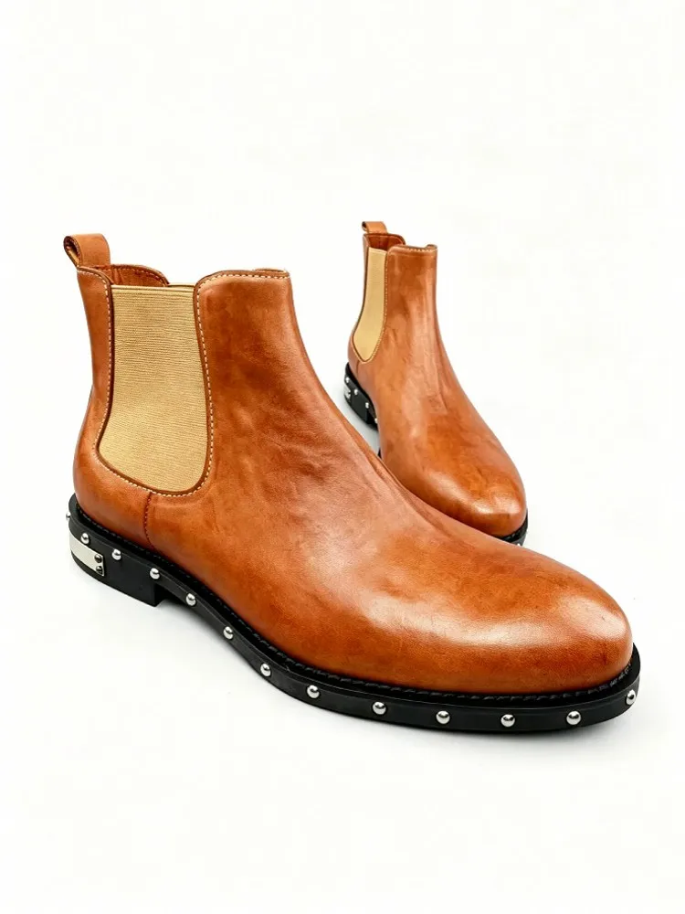 British Style Business Mens Rivet Cowskin Genuine Leather Slip On High Top Shoes Men Fashion Casual Office Chelsea Short Boots