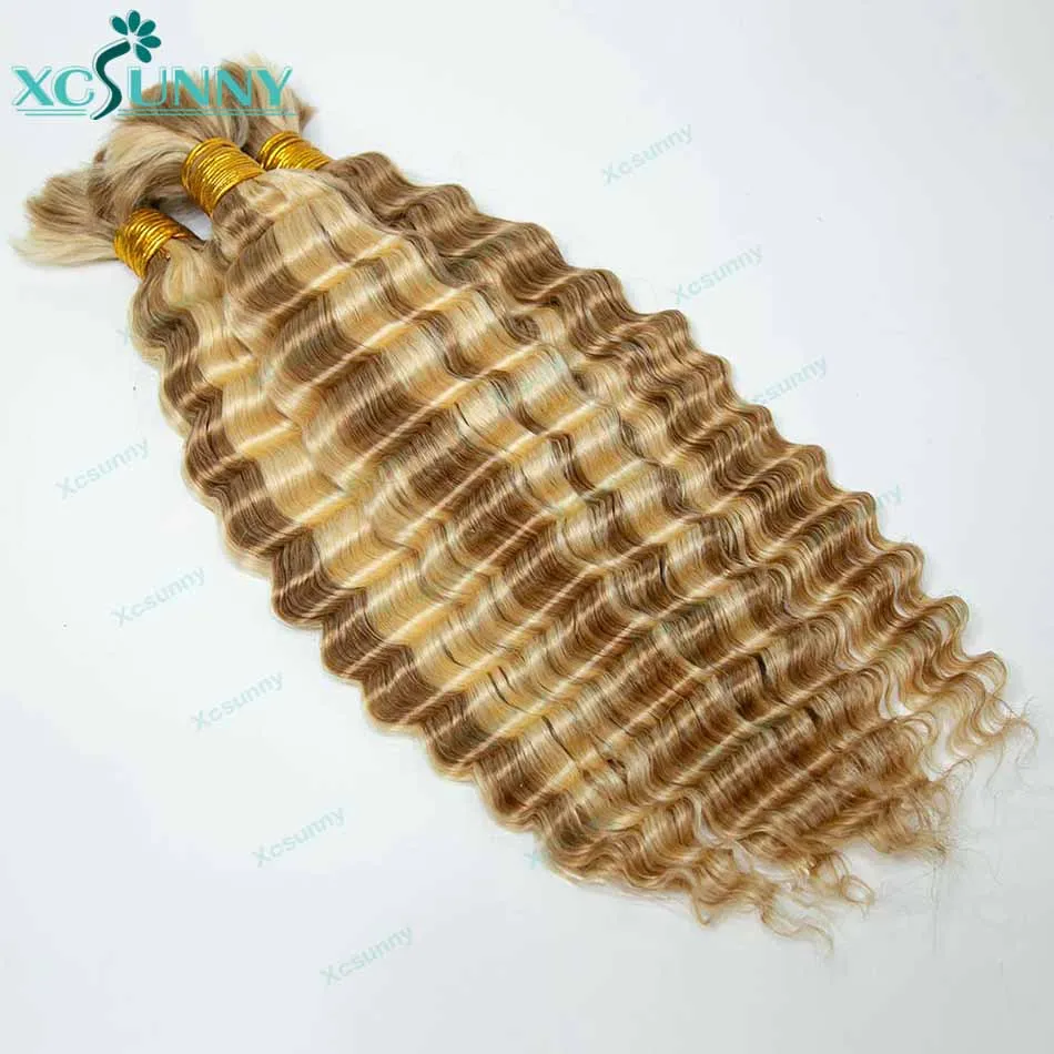 Resalte el cabello humano rizado a granel para trenzar, Rubio 613 27, onda profunda, paquetes de cabello humano doble dibujado a granel, sin trama, trenzas Boho