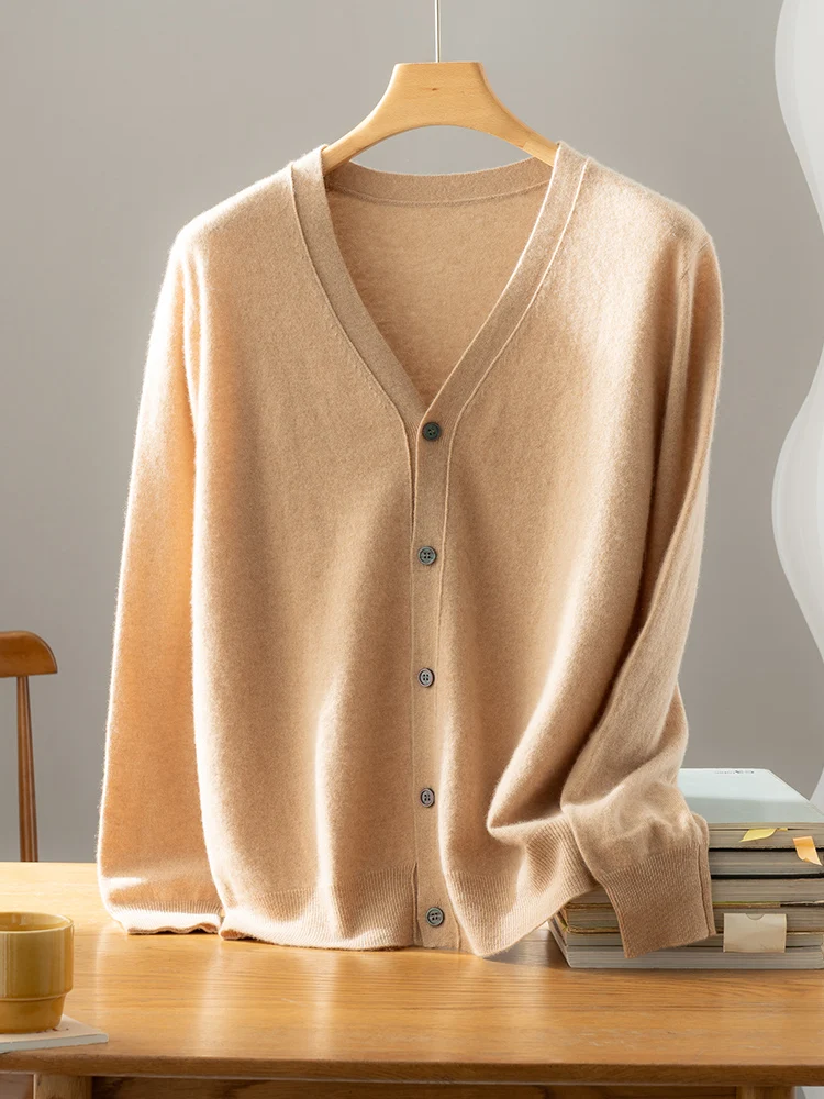 Chic Men's V-neck Cardigan Autumn Winter Classics Sweater Long Sleeve 100% Cashmere Knitwear Casual Solid Korean Style Male Tops