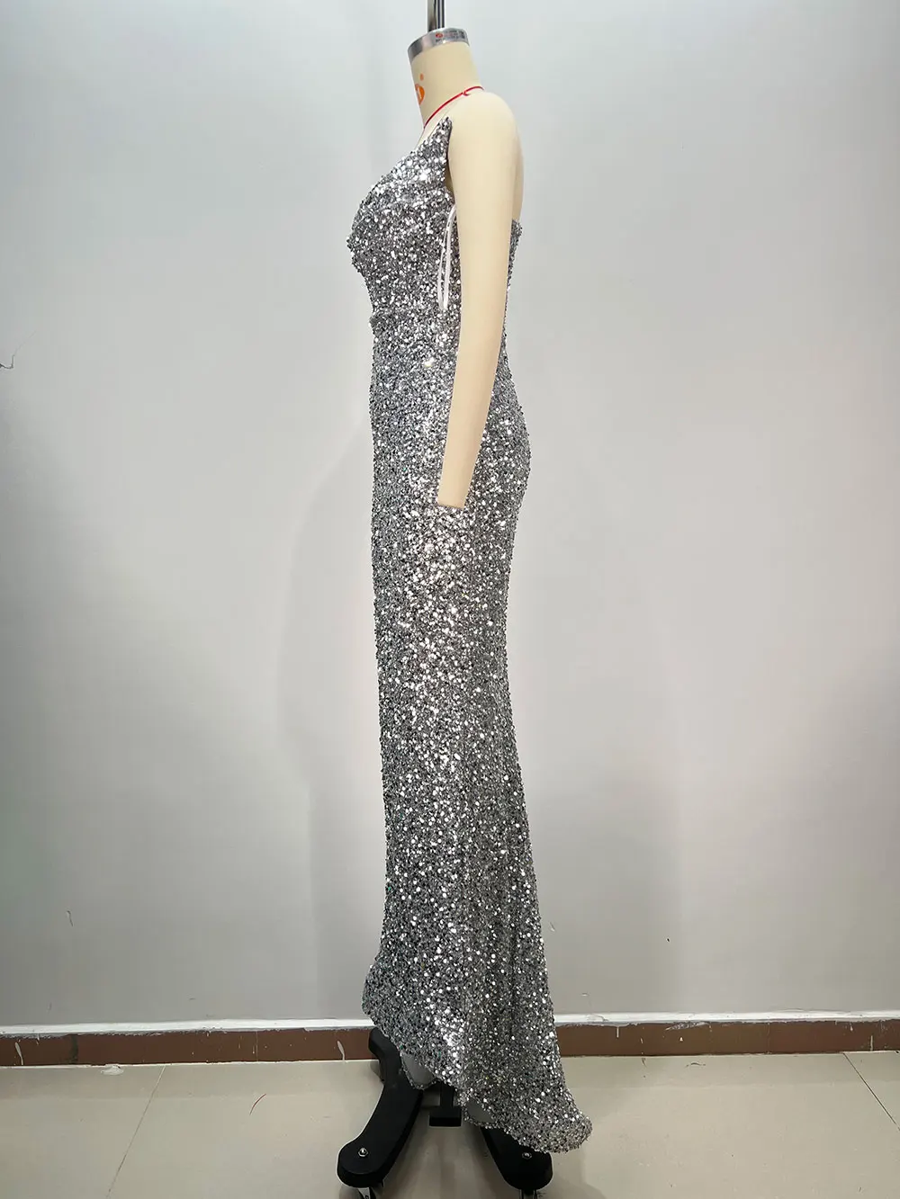 2024 Sexy Women's Light Luxury Silver Glitter Maxi Dress Strapless Sleeveless Bodycon Split Tailcoat Long Dresses Party Vestidos