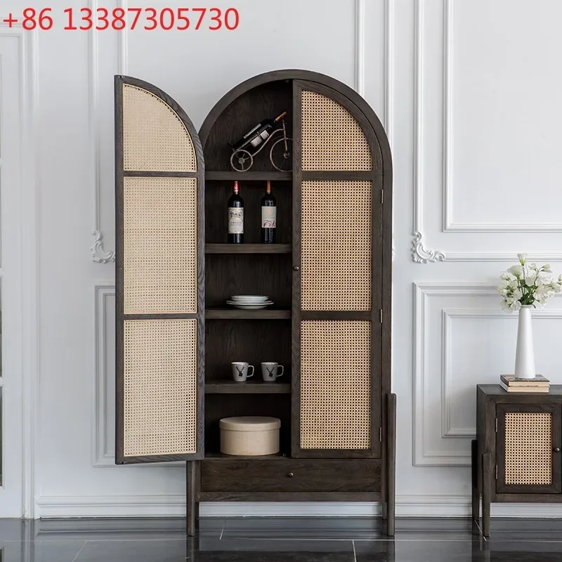 Nordic vintage wardrobe ash wood homestay double door multi-function arch cabinet made black