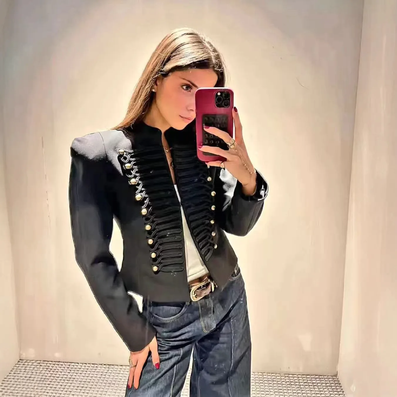 Women Cropped Napoleon Style Jacket Stand Collar Vintage Braided Decor Metal Button Shoulder Pads Long Sleeve Slim Fit Short Coat