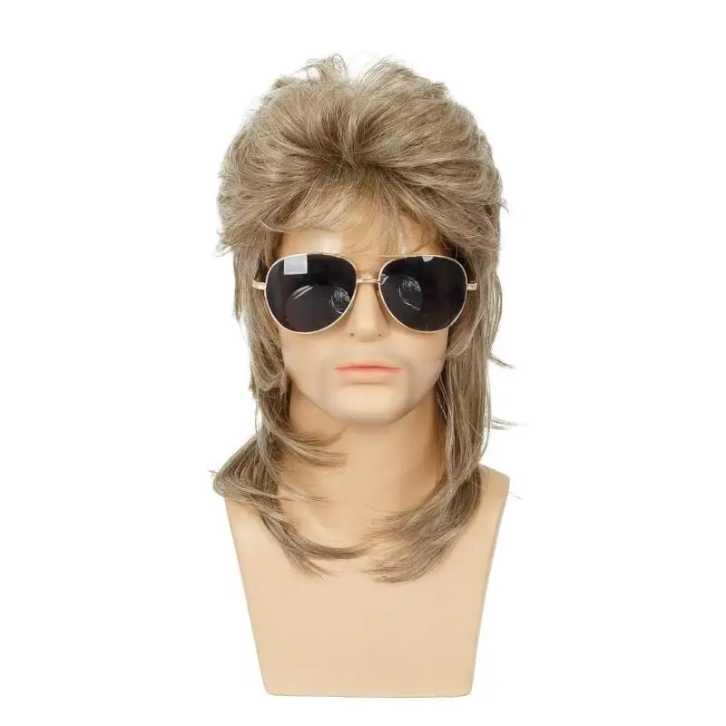 Men Retro Rock Roll Wig Mid Long Fluffy Hair Black Synthetic Punk Style Wig for 60s Rocker Singer Hippies Gold Cosplay Headwear