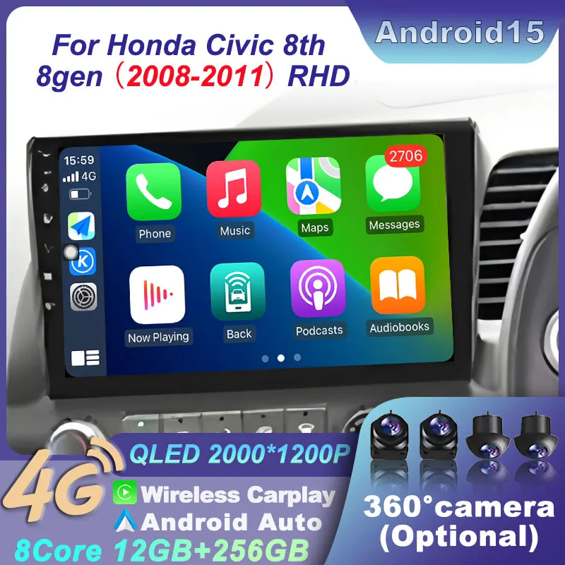 Android 15 Car WIFI Stereo Wireless Carplay Auto Radio Multimedia Player Video Navigation For Honda Civic 8th 8gen 2008-2011 RHD