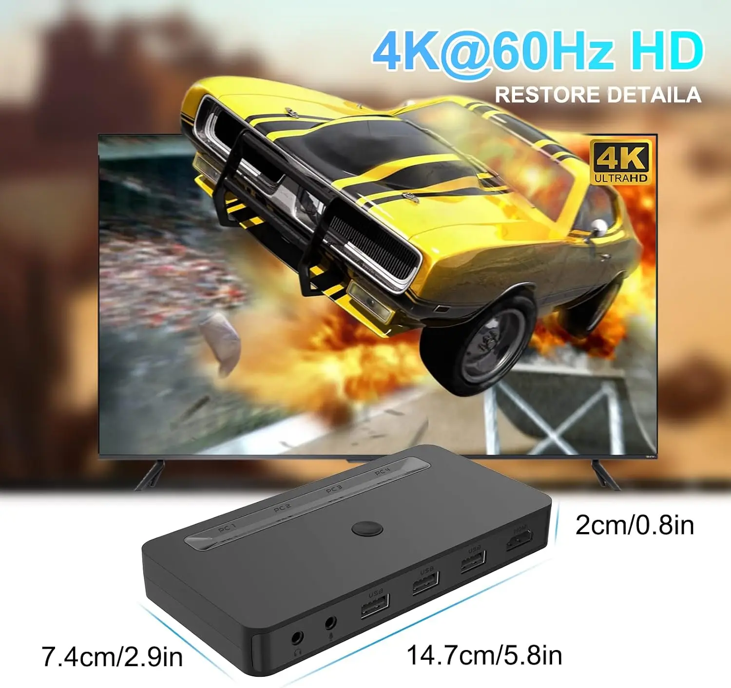 4K HDMI KVM Switch 4 Ports for 4 Computers Monitor, 3 USB Devices Printer,3.5mm Headphone Jack, Including 4 HDMI Cable