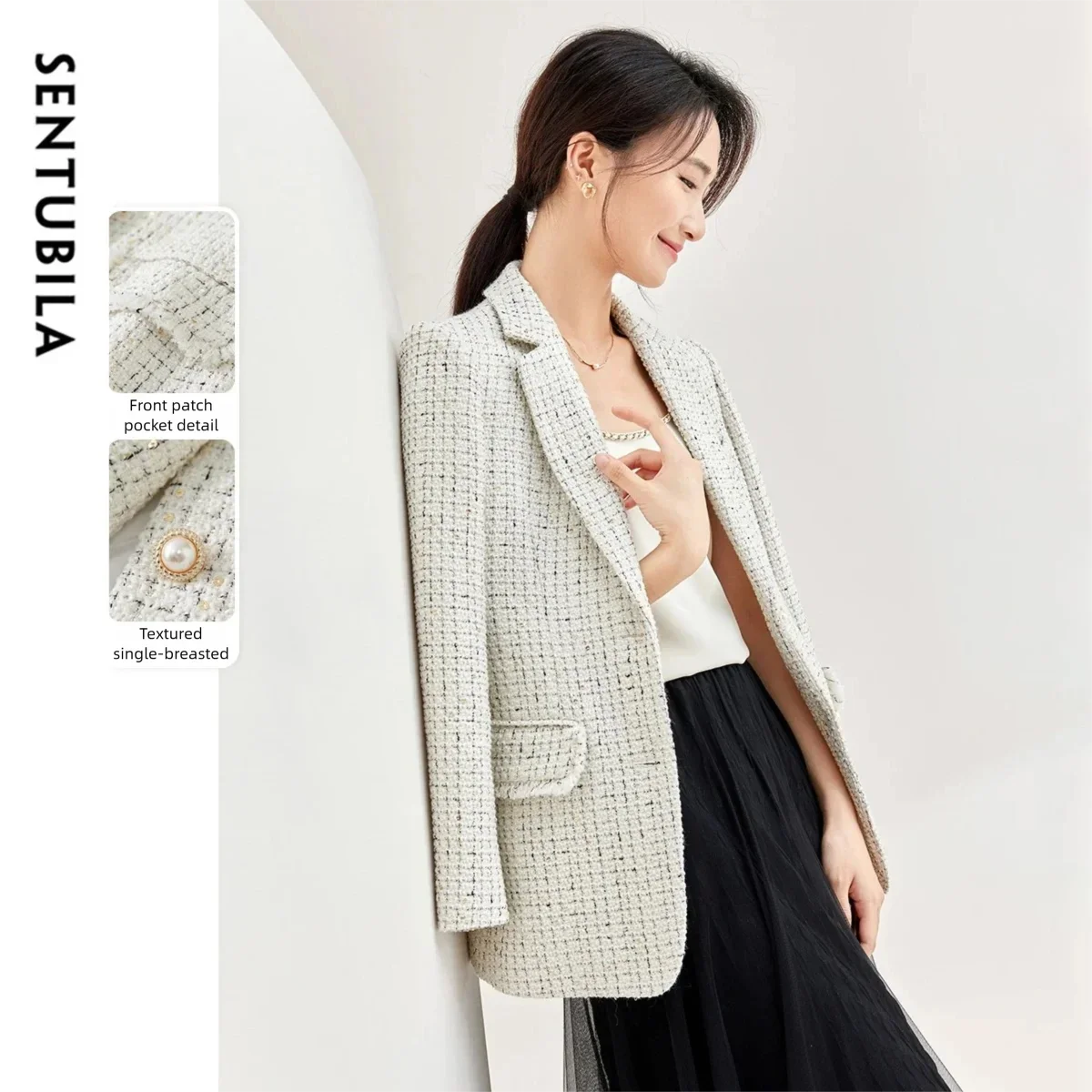 SENTUBILA Women's Tweed Blazer 2026 Spring Chic Notched Lapel Long Sleeve Loose Fit Office Lady New Outerwear 153XC3530X