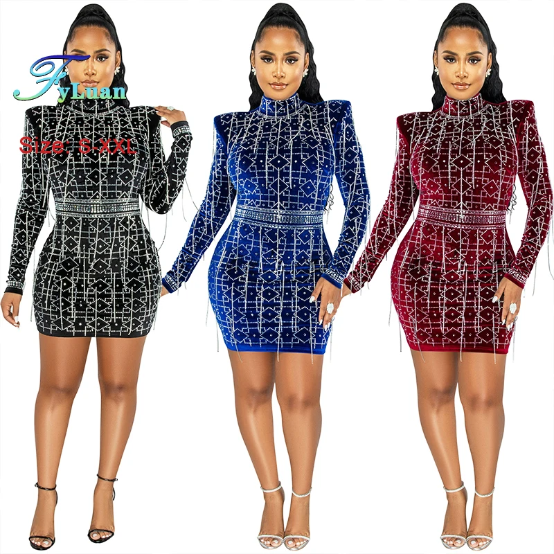 2025 Nieuwe Luxe Vrouwen Lange Mouw O Hals Korte Jurk Bodycon Casual Korte Rokken Sexy Sheer MeshGirl Jurk Cocktail Prom kleding