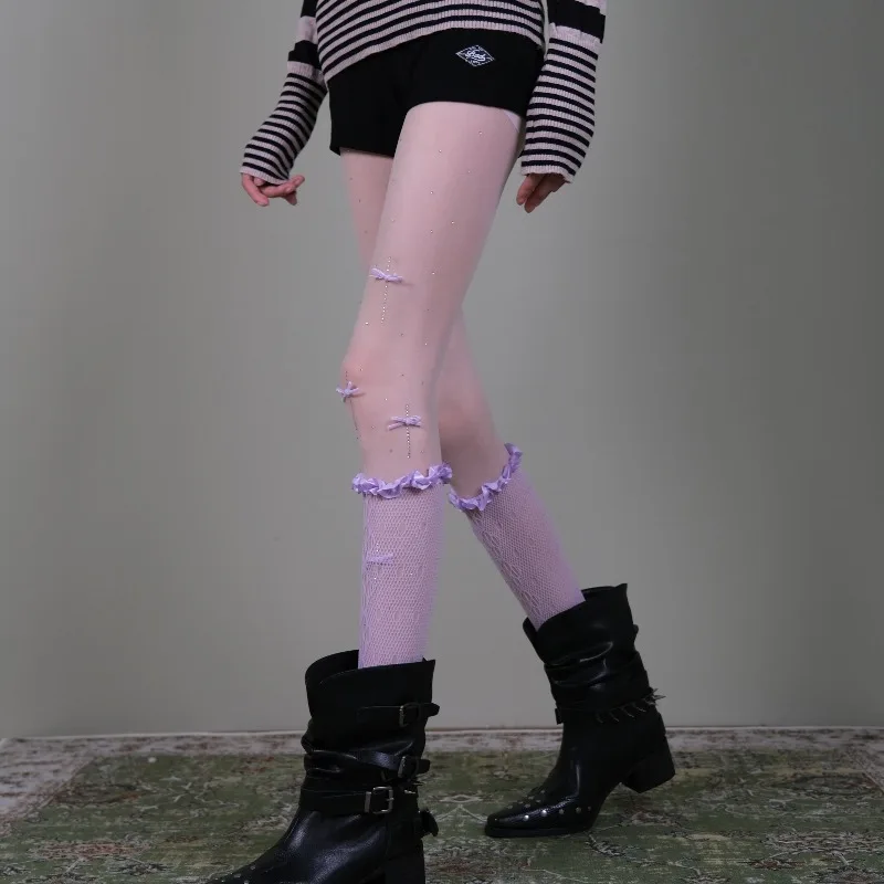 Women Y2K Harajuku Aesthetic Layered Socks Set, Purple Lace Trim Mid Calf Socks with Bowknot Tights, Trendy Matching for Boots