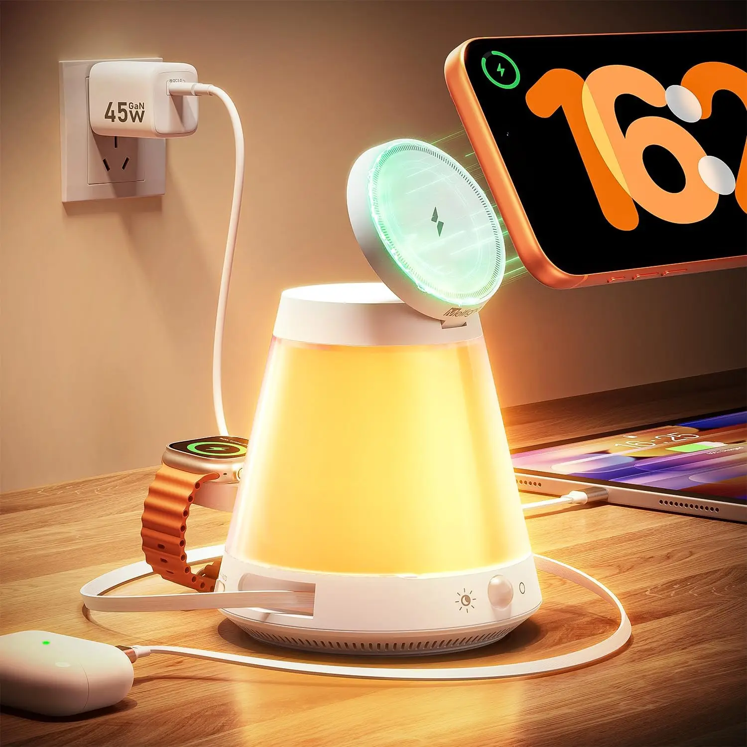 

Модернизированная зарядная станция 5-в-1 мощностью 45 Вт с автоматическим датчиком, регулируемыми цветами, выдвижными кабелями Type-C и Lightning для устройств Apple