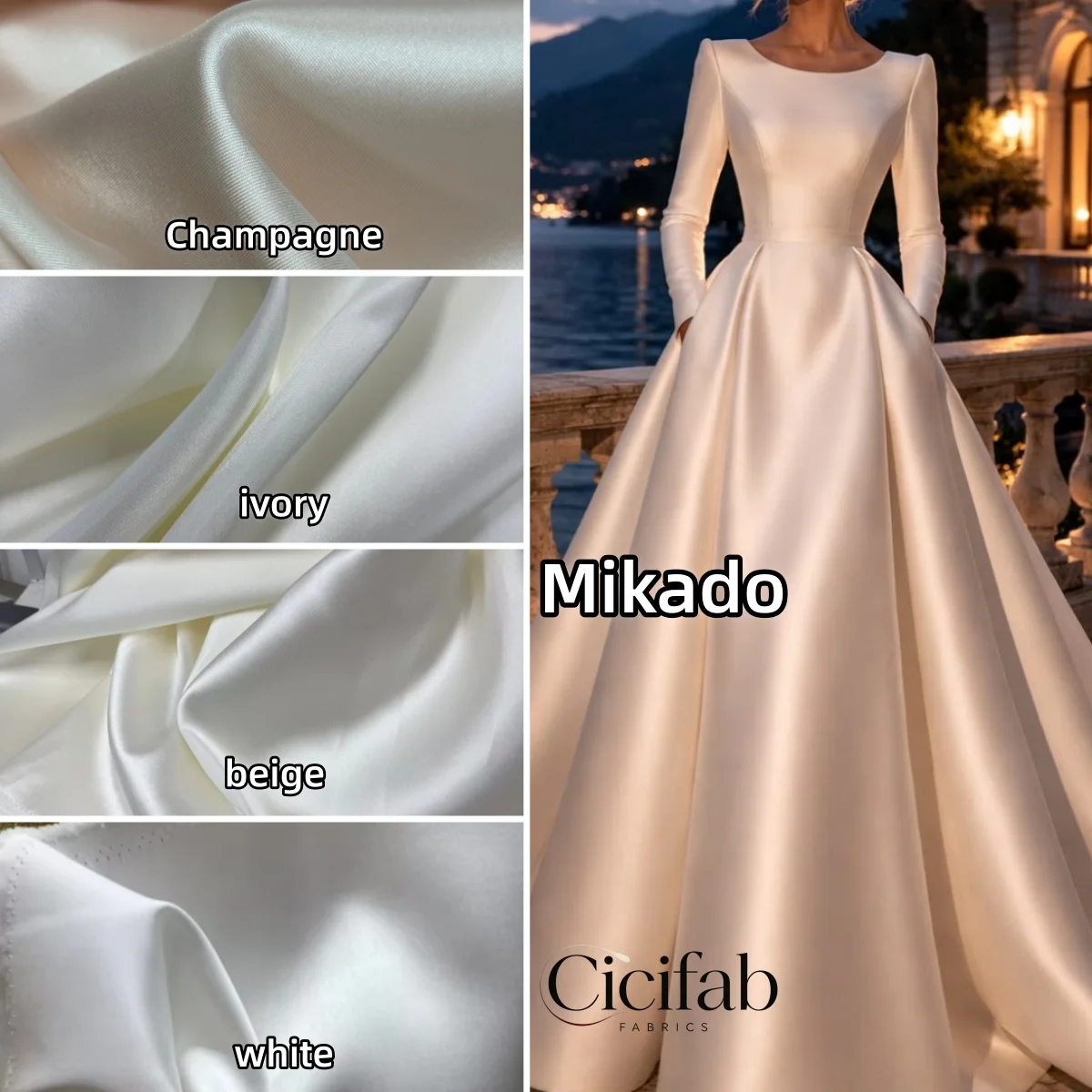 Ivory  Champagne Mikado Twill Satin Fabric Hard Structured Satin Material for Wedding Gown Bridal Dress Suit  Designer DIYSewing