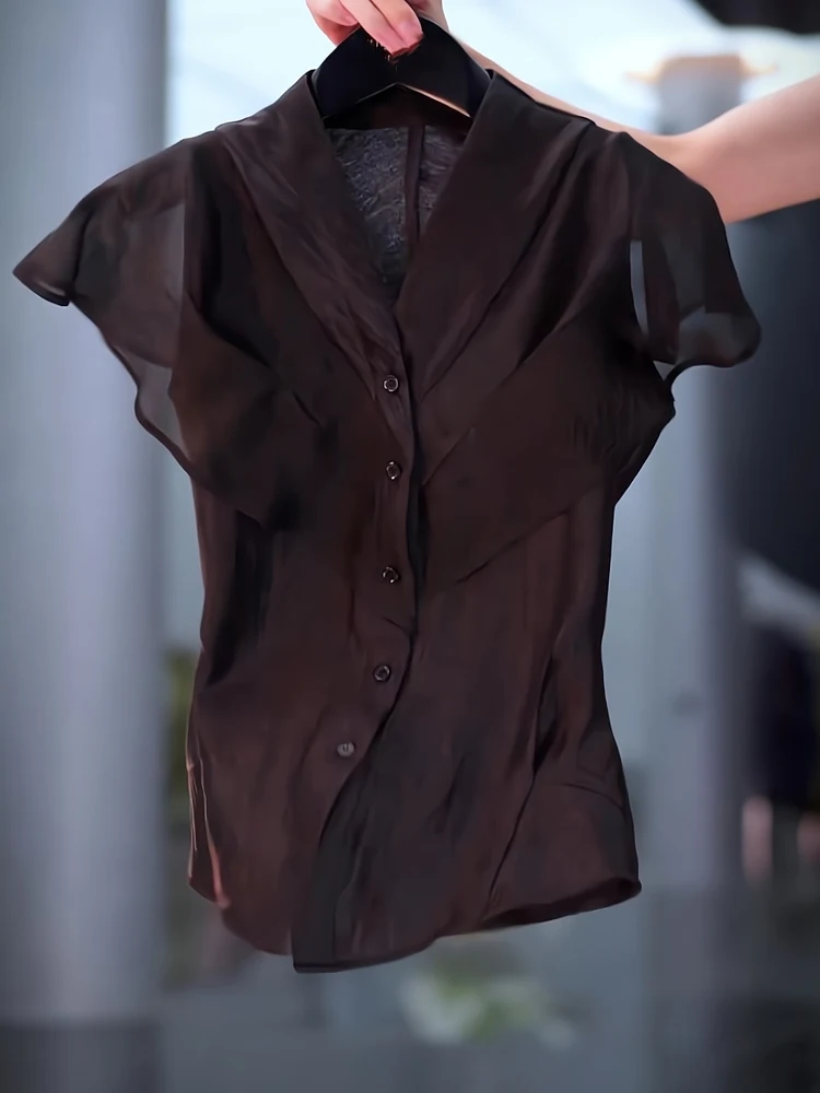 Faionable Summer Commute Slim Fit Chiffon irt with Lace Hemline ort Sve V Ne  Color Korean Sle Workwear