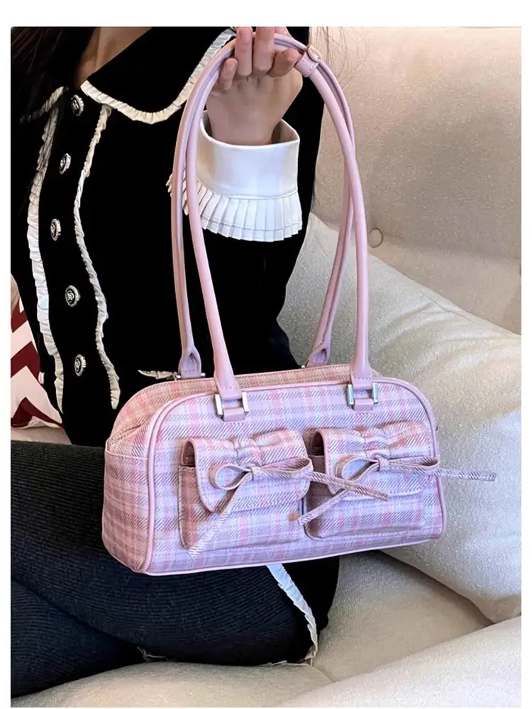 JIAERDI Plaid Pink Bow Handbag Purse Women Hot Girls Large Capacity Bowling Bag Ladies Harajuku Underarm Bag Bolsos Aesthetic