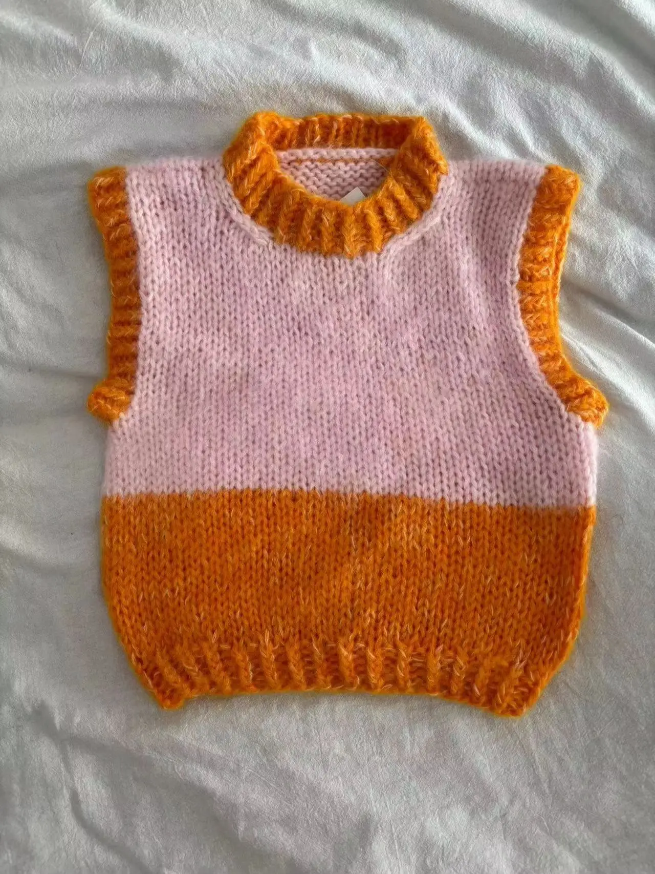 Chaleco sin mangas tejido a mano para mujer, chaleco pequeño corto, lindo y versátil, cuello redondo, rosa y naranja