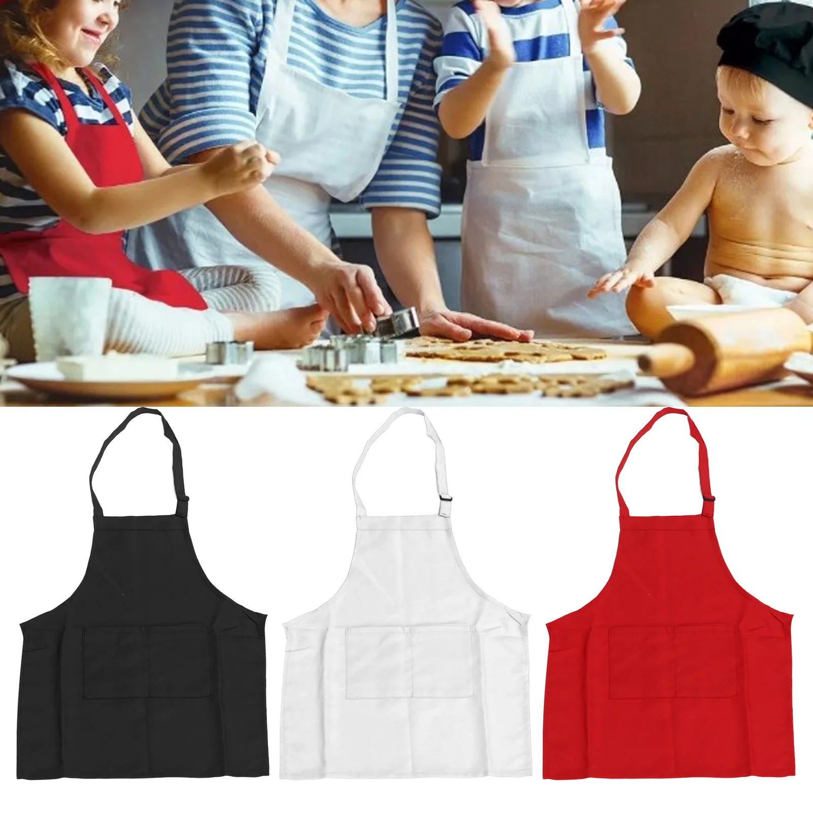 3 BH celemek memanggang anak DIY, celemek anak laki-laki dan perempuan dengan saku untuk anak perempuan 3 ‑ 6 Warna Putih Merah Hitam ukuran M panjang 56cm