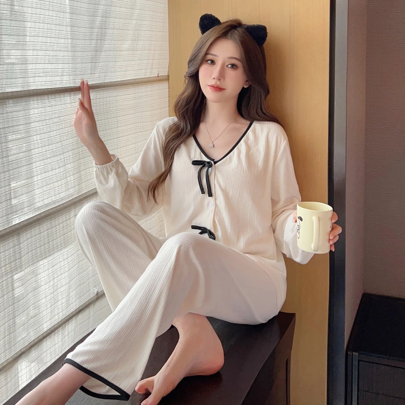 Bow Pajama Sets Women Autumn Long Sleeve Cardigan All-match Elegant Tender Solid Basics Prairie Chic Sleepwear Prevalent V-neck