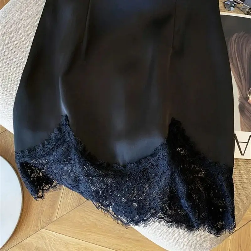 New Summer Satin Skirt Women Fashion Lace Patchwork High Waist Summer Elegant A-line Party Skirts Office Lady Jupe Clothing