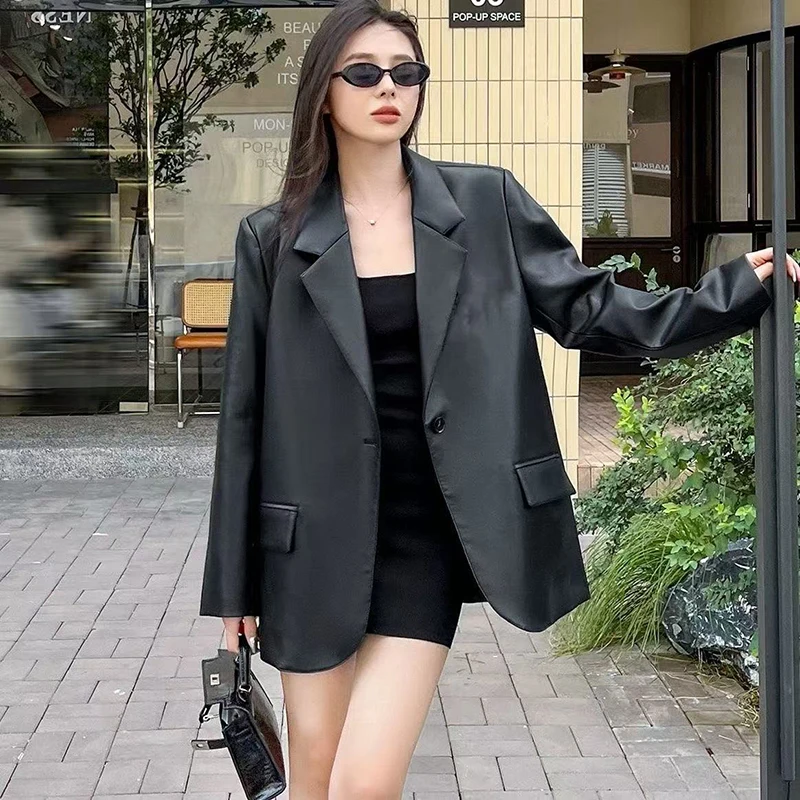 Women Black Soft PU Leather Blazer Shoulder Pads Long Sleeve Single Breasted Loose Casual Jacket Tops 2025 Korean Fashion Coat