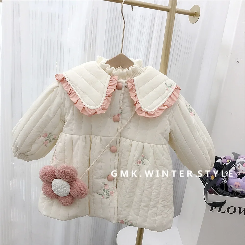 Coat Girl Thickening Cotton Clothes Loose Middle Length Winter New Children Baby Plush Turn Dwon Collar Embroidery 2024