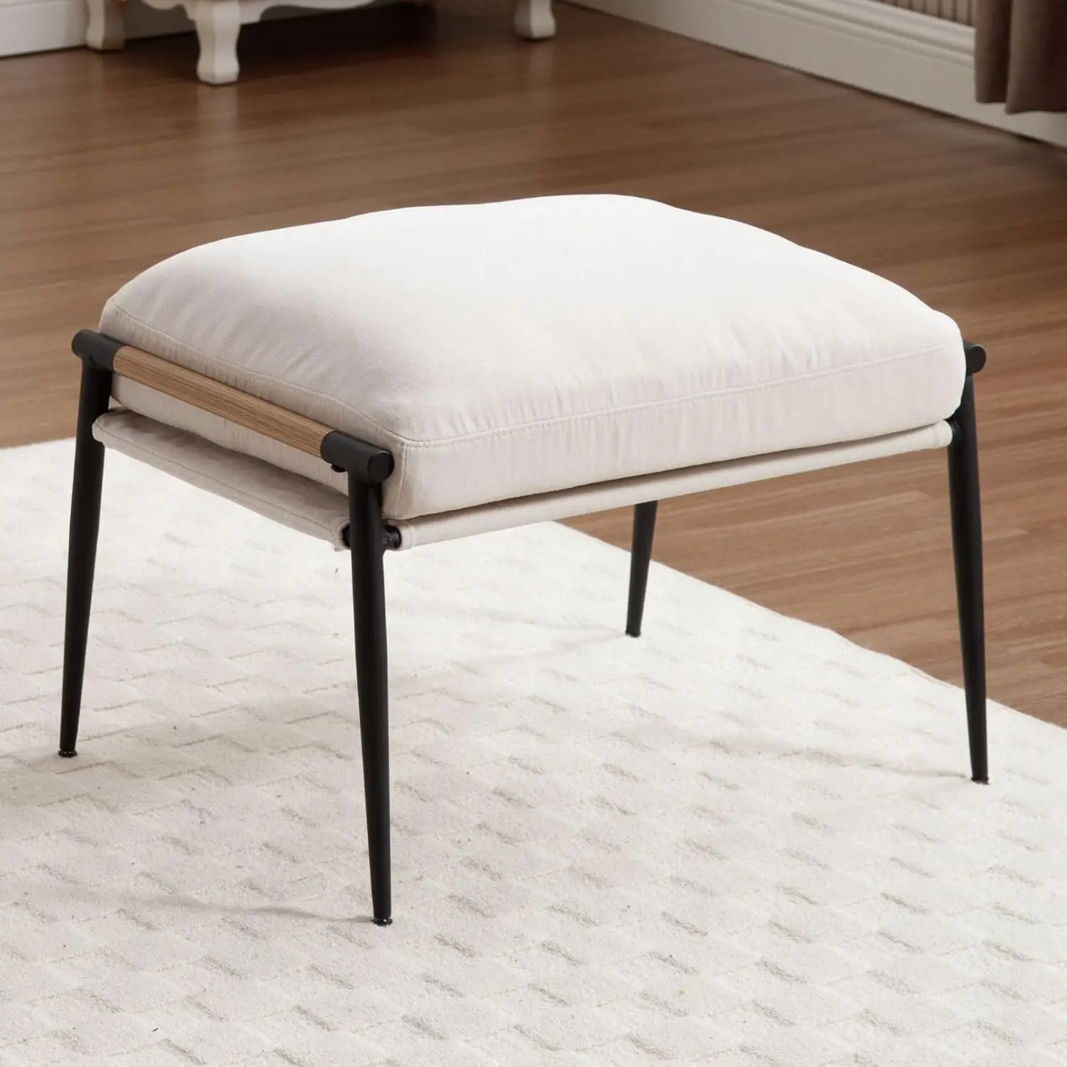 Beige Chenille Footstool with Black Metal Legs & Wooden Armrests, Modern Ottoman for Living Room or Entrance