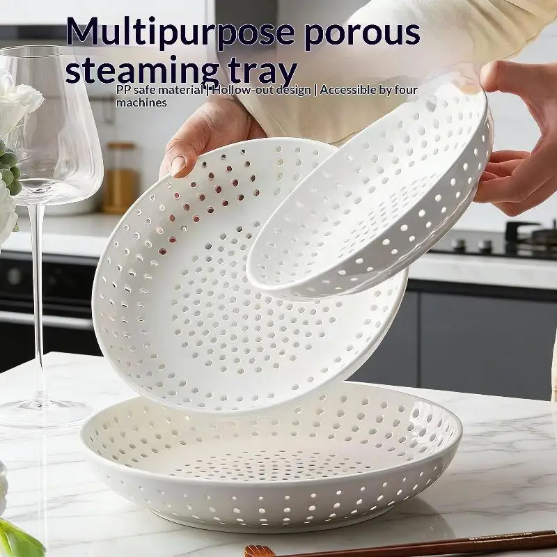 Creative Round White PP Perforated Steamer Plate High Temperature Resistant Hollow Drain Tray