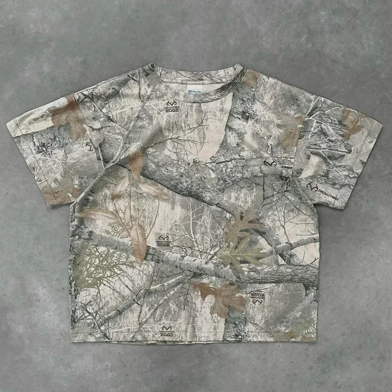 American Retro Graphic T Shirts Leaf Pattern Top Streetwear Harajuku Y2K T-shirt Couple Camouflage T-shirt Clothes Tops Tees