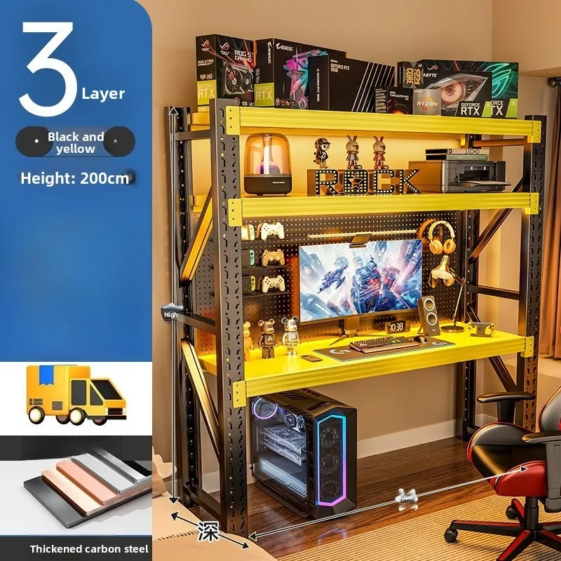 Ergonomic Gaming Desk with Multi-Layered Storage Rack Computer Office Desk for Home Gaming Setup Furniture