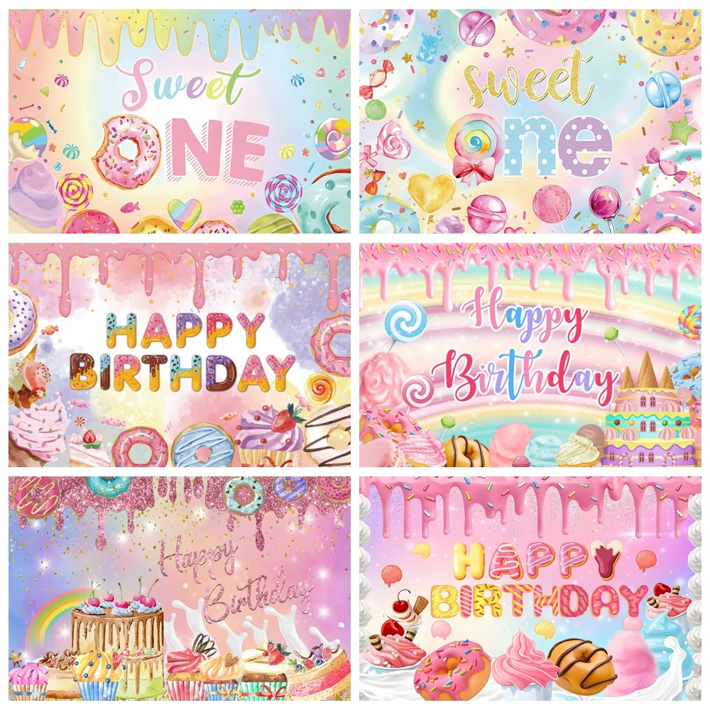 

Sweet One 1st Birthday Photography Backdrop for Boys Girls Donuts Candy Lollipop Cake Table Decor Baby Shower Photo Background