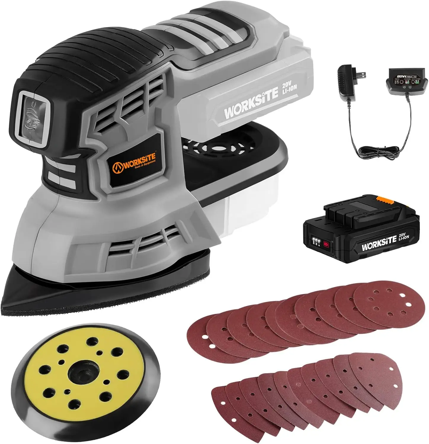 WORKSITE 20V MAX Cordless Random Orbital Sander & Detail Sander, Multi-Purpose Hand Sander w/2.0A Battery & Charger