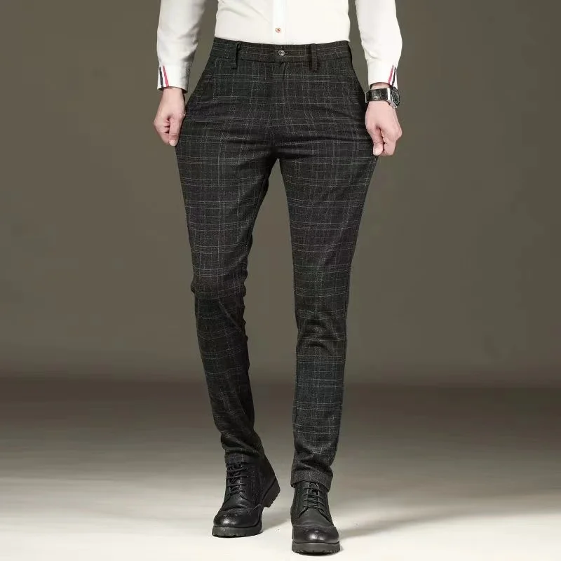 Fashion Black Grey Casual Trouses Mens Straight Fit Long Pants Striped Plaid Four Seasons High Quality Brand Business Trousers