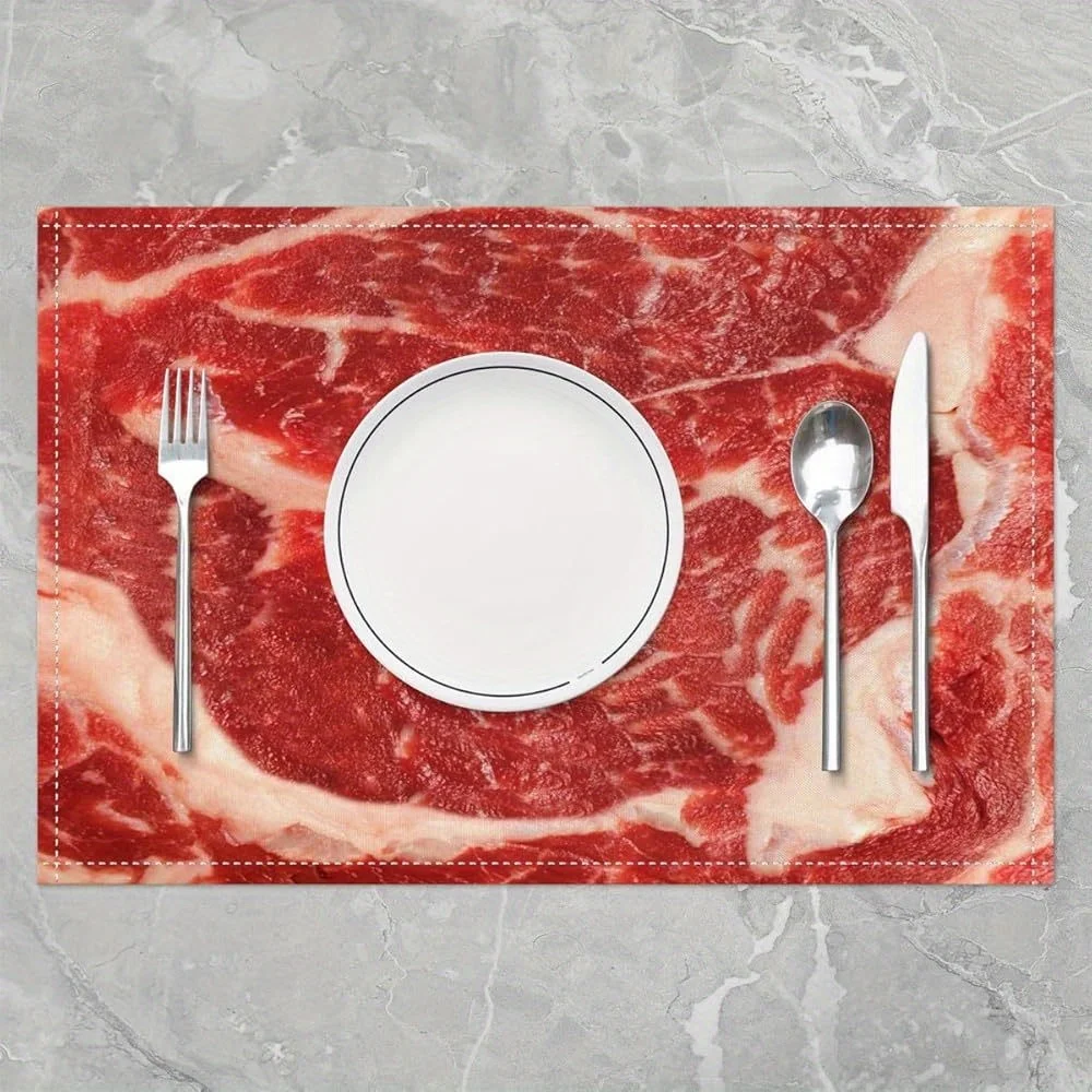 4‑Pieces Raw Beef Food Theme Placemat Set, 2D Printed Easy‑to‑Clean Mats for Indoor Outdoor Home Room Decor