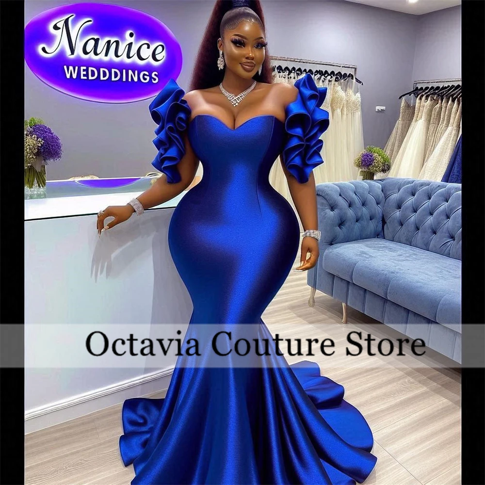 Aso Ebi African Royal Blue Evening Dress For Black Girls Ruffles Birthday Dresses Luxury 2024 Mermaid Formal Gown Customized