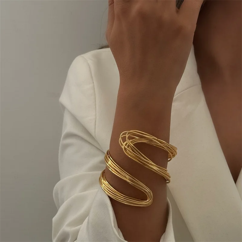 Vintage Gold Farbe Multi-Schicht Öffnung Breite Manschette Armband für Frauen Übertriebene Metall Linien Handgelenk Armband Party Schmuck Geschenk – Detail 3