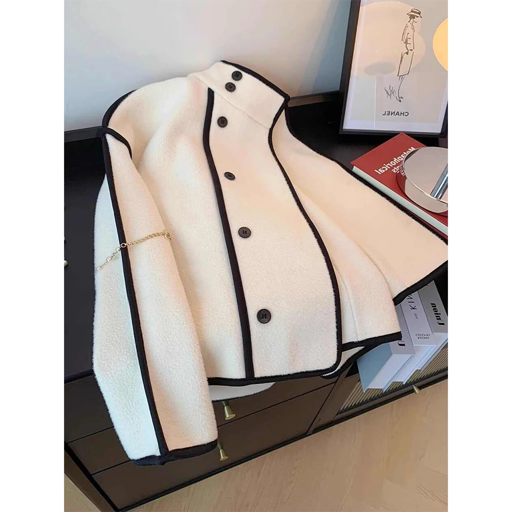 

Women White Cropped Tweed Basic Jacket Woolen Overcoat Korean Vintage 2000s Turtleneck Outerwear Warm Coat Jacket Winter Autumn