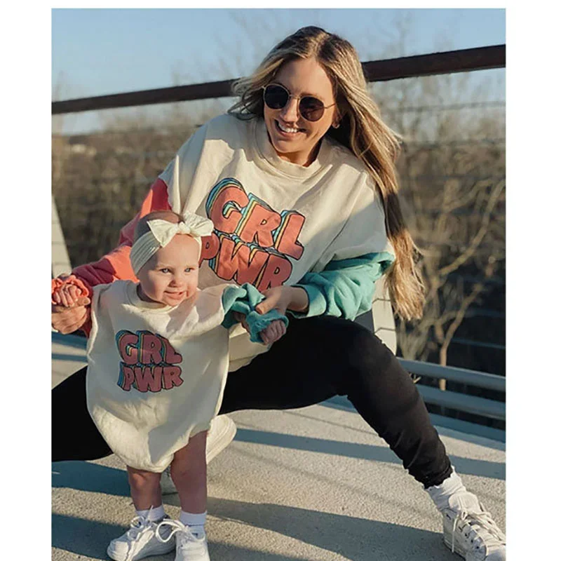 Family Matching Outfit Autumn Spring Color Contrast Letter Print Hoodies Mom And Me Long-sleeved Hoodies Baby Boy Girl Set