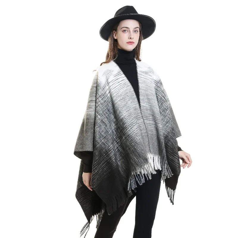 Luxury Brand Design Imitation Cashmere Poncho Women Autumn Winter Thermal Thick Chic Shawl Retro Tassel Scarf Female Soft Cape