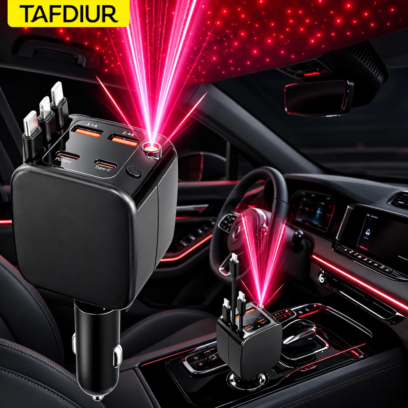 Tafdiur 1 Piece Black Abs Material 30W Fast Charging 4Usb Ports + 2 Type-C + 1 Apple Port Car Cigarette Lighter Charger Splitter, Seven-In-One Retractable Car Charger, with Red Starry Sky Ceiling Light, Fast Charging with Voltage Digital Display