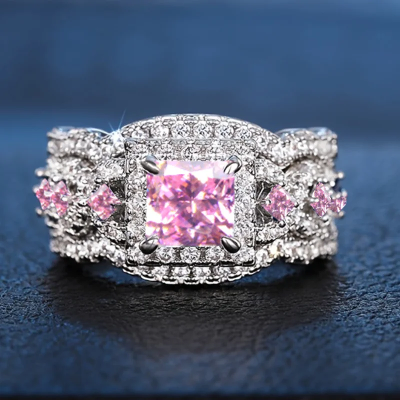 3 Pieces/set Luxury Inlaid Square Synthetic Zirconia Ring Set Women's Ring Wedding Engagement Commitment Bridal Anniversary Ring Women's Romantic Holiday Valentine's Day Gift