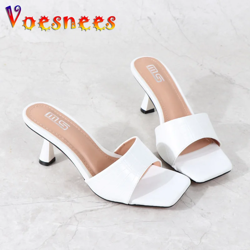 2022 Fashion Brand Slippers Comfy Plus Size 7CM Ladies Elegant High Heels Sandals Summer Slip On Slide Square End Women's Shoes