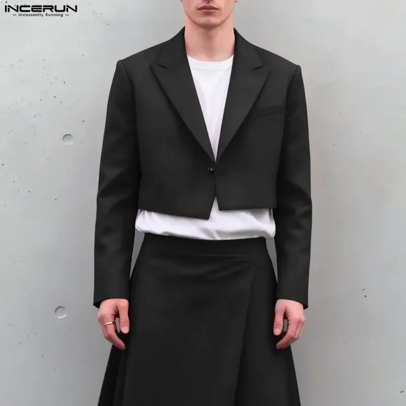 

Мужской блейзер INCERUN, однотонный, с лацканами, длинными рукавами, на одной пуговице, мужской костюм, уличная мода, весна 2026, повседневные укороченные пиджаки, мужские, размеры S-3XL