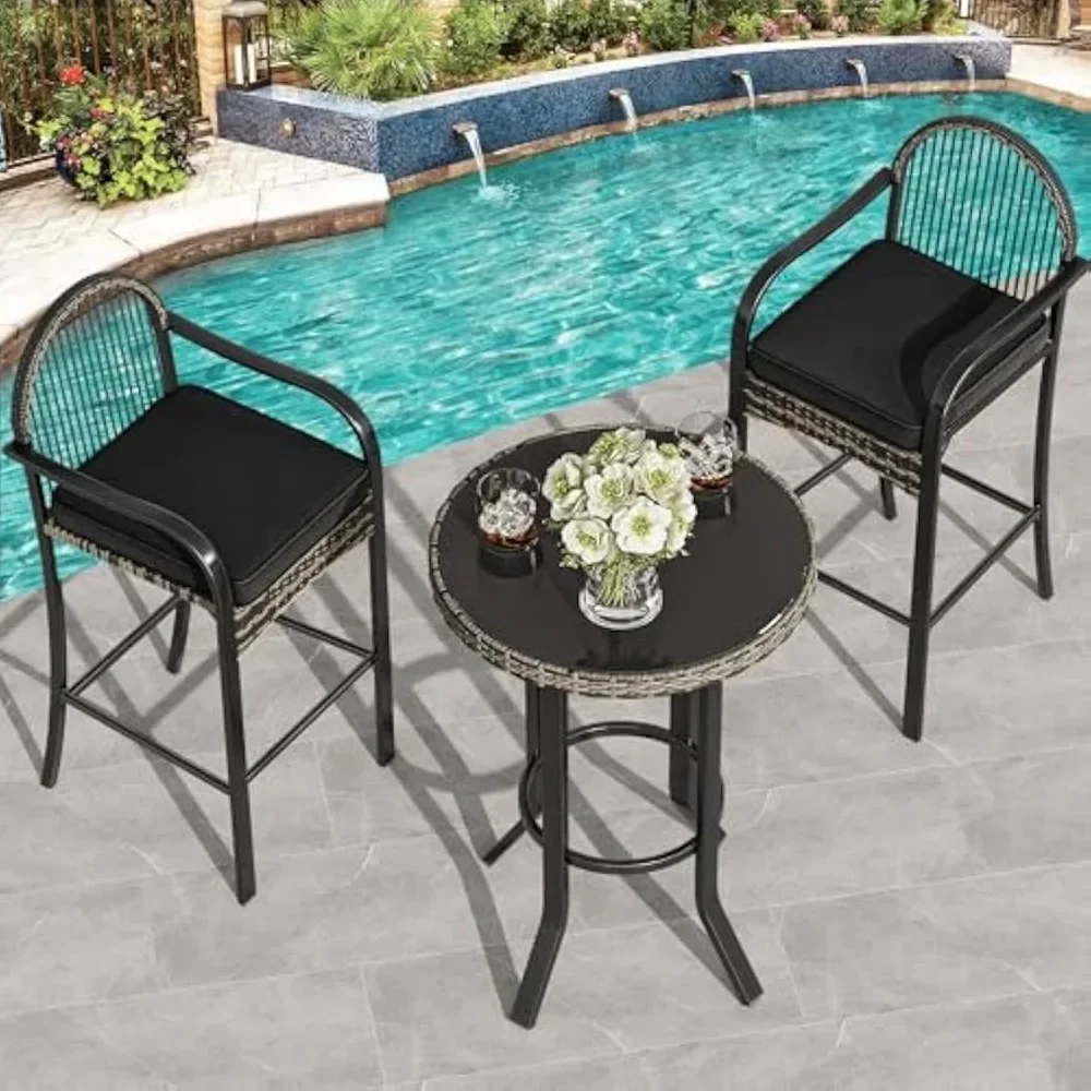 Factory Direct 2026 Three Piece Outdoor Wicker Set, Bar Height With Cushioned Stools, Patio Bistro For Balcony, Poolside Black